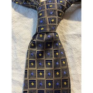 Peacock Men's Silk Tie Geometric Square Pattern 59.75"x3.25" Gold Brown Handmade